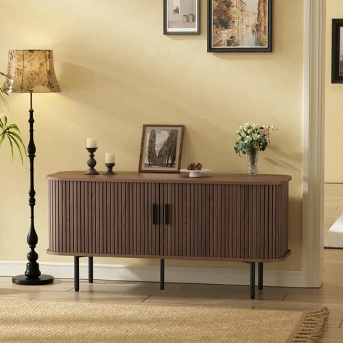 Miniatura 14 de FiveWillowise Gabinete de Bar de Café Negro con Almacenamiento, Gabinete de Licores y Vinos Acanalado con Puertas Corredizas, Portavasos