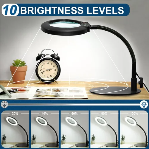 Miniatura 3 de IVMAIE - Lupa de 10 aumentos con luz, lente de vidrio real, 5 modos de color atenuables, lupa iluminada con cuello de ganso flexible con soporte