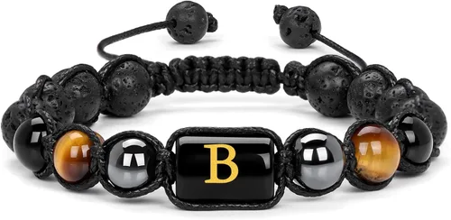 Pulseras de cuentas con iniciales para hombre, pulsera de triple protección de 0.315 in de obsidiana y hematita, hecha a mano con letras de piedra
