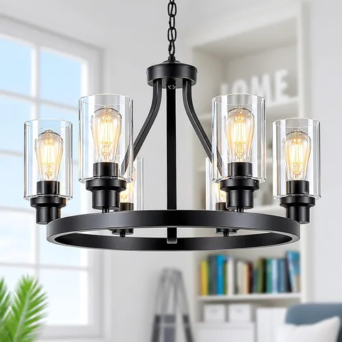 Miniatura 11 de Lanhall - Lámpara moderna de 6 luces para comedor, lámpara de techo en níquel cepillado para cocina, candelabro colgante con pantalla de vidrio