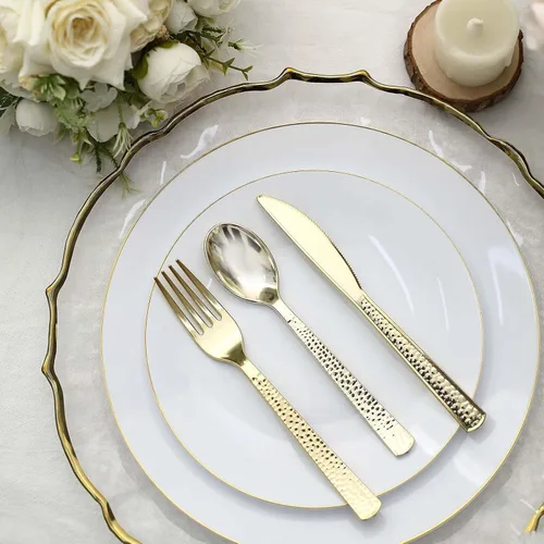 Miniatura 12 de Efavormart - Juego de 24 tenedores desechables de plástico color oro rosa, cubiertos resistentes de 7 pulgadas con elegante diseño martillado