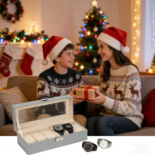 Miniatura 11 de NEX Caja de reloj organizador para hombres, de piel sintética superior de cristal para el almacenamiento de relojes