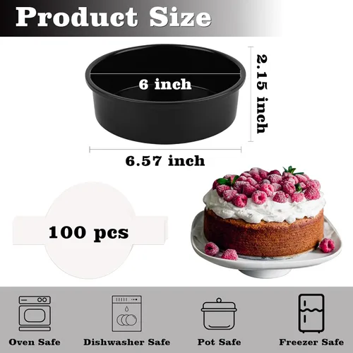 Miniatura 2 de HUAKENER Molde para pasteles de 6 pulgadas, juego de 3 moldes redondos para pasteles con 100 piezas de papel pergamino, moldes antiadherentes