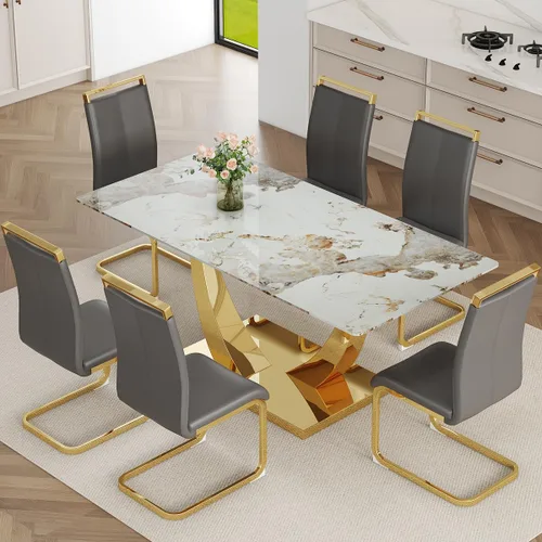 Miniatura 33 de Juego de Mesa de Comedor Negra para 6, Mesa de Comedor de Mármol Falso de 71" para 6, Juego de Mesa de Cocina Rectangular con Sillas de Cuero PU