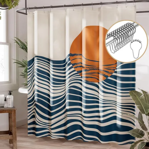 Miniatura 14 de AmazerBath Cortina de ducha azul, juegos de cortinas de ducha geométricas de tela con 12 ganchos para cortina de ducha, cortinas de ducha de Rayas