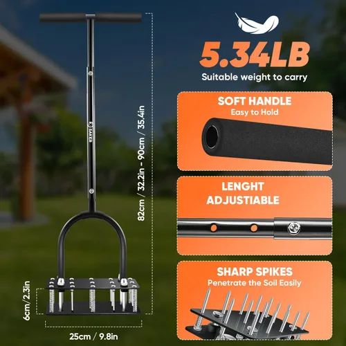 Miniatura 6 de Saker Aireador manual de césped con 15 picos de hierro de altura ajustable, resorte de doble capa, herramienta aireadora de césped de hierro Negro