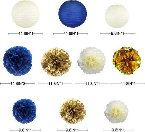 Miniatura 2 de Kit de decoración de fiesta azul marino y dorado, faroles, flores, pompones con calcomanías de mariposa 3D dorado champán y serpentinas de guirnalda