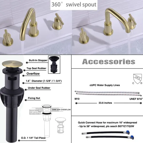 Miniatura 5 de TRUSTMI - Grifo de baño de 2 manijas de 8 pulgadas de latón, grifo de lavabo de baño de 3 agujeros extendido con boquilla giratoria de 360 grados