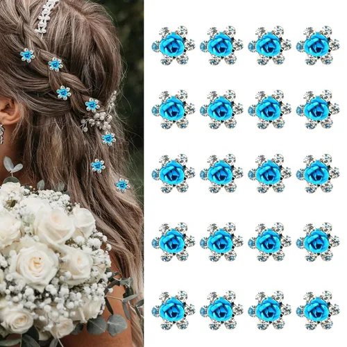 YISSION 20 pinzas para el cabello con diseño de rosas azules, lindas horquillas para el pelo con diamantes de imitación, pequeñas pinzas decorativas
