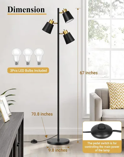 Miniatura 4 de QiMH Lámparas de pie de árbol para sala de estar, lámpara de pie moderna de 67 pulgadas con 3 bombillas LED, lámpara alta industrial de lectura