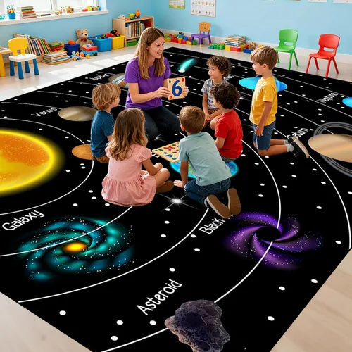 Miniatura 26 de Alfombra espacial para habitación de niños, alfombra de galaxia para niños, alfombras espaciales para dormitorio de niños, decoración