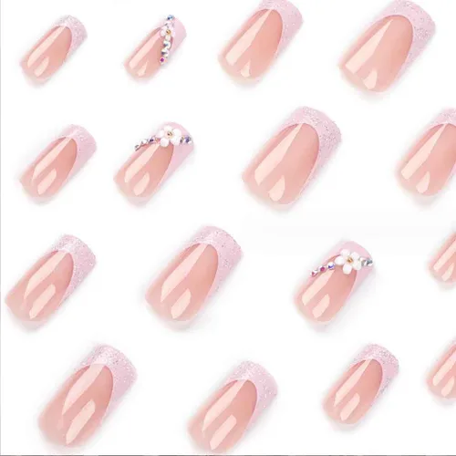 Miniatura 3 de Foccna - Uñas postizas 3D con flores, cuadradas, rosas, francesas, brillantes, con strass, largas, para manicura, 24 piezas