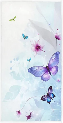 Pfrewn Toallas de mano con mariposas 3D de 16 x 30 pulgadas en primavera y verano floral lila con flores abstractas, toalla de baño pequeña, toalla