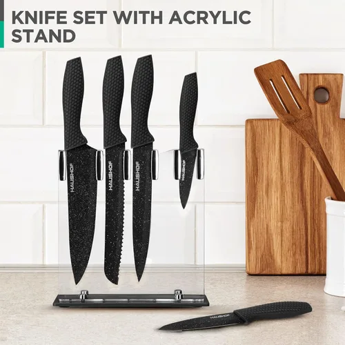 Miniatura 7 de HAUSHOF Juego de cuchillos de cocina, 5 piezas con bloque de acrílico, juego de cuchillos negros con revestimiento de teflón para la cocina, juego