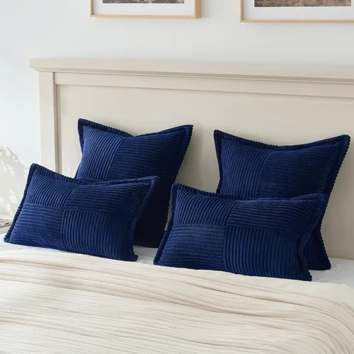 Miniatura 7 de HAUSSY Paquete de 2 fundas de almohada decorativas de pana de 22 x 22 pulgadas, color azul claro, fundas de cojín bohemias y naturales a rayas Azul