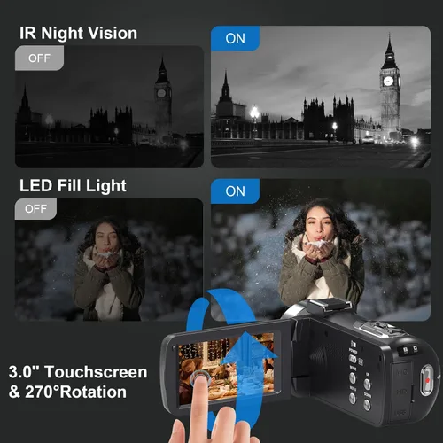 Miniatura 6 de Gcasio 8K 64MP videocámara cámara de vídeo 18X zoom digital YouTube Vlogging Cámara web IR visión nocturna WiFi 3.0 "Videocámaras con pantalla