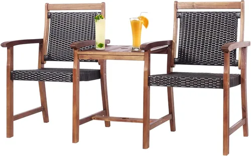 HAPPYGRILL Patio Bistro - Juego de sillas de madera de acacia con mesa auxiliar, banco de mimbre de ratán 3 en 1 con agujero para sombrilla para