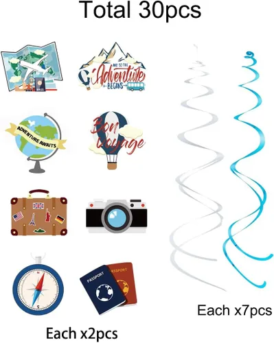Miniatura 3 de 30 decoraciones de fiesta de espirales colgantes con temática de viaje, suministros de fiesta para fiesta de cumpleaños, fiesta de jubilación