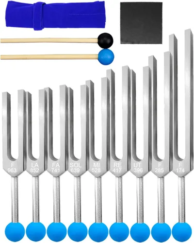 Juego de 9 diapasones Solfeggio para curación, 174 Hz, 285 Hz, 396 Hz, 417 Hz, 528 Hz, 639 Hz para terapia de sonido de chakras de sanación del ADN,