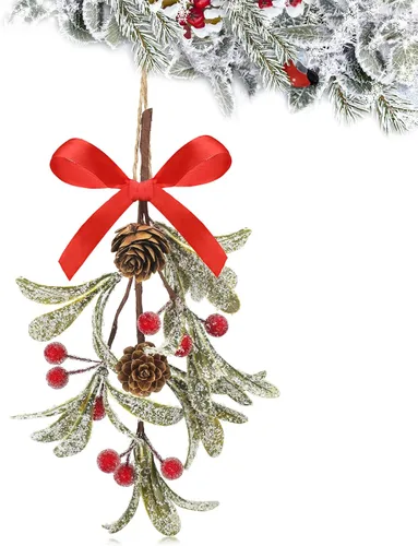 Miniatura 18 de Giegxin 1 pieza Adorno de Navidad Artificial de Muérdago Colgante con Lazo Rojo Bouquet de Adornos Colgantes de Navidad Floral con Piñas Naturales