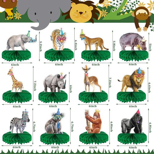 Miniatura 3 de Yeaqee 12 centros de mesa de nido de abeja de animales de la selva, suministros para fiestas de cumpleaños con temática de safari, animales