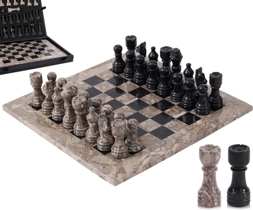 Miniatura 8 de Juego de ajedrez de mármol para adultos de 12 pulgadas, tablero hecho a mano negro y coral con 32 piezas de ajedrez, 2 reinas adicionales y caja