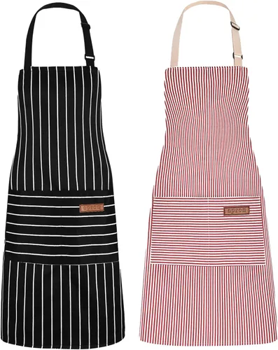 Miniatura 8 de Paquete de 2 delantales de cocina ajustables para mujeres y hombres con 2 bolsillos, delantales con peto de mezcla de algodón y poliéster