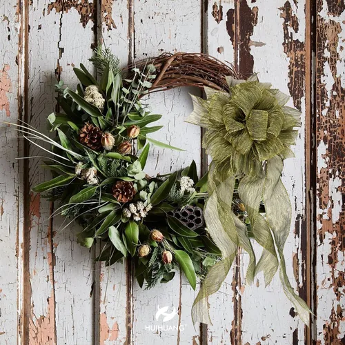 Miniatura 4 de HUIHUANG Cinta verde musgo con alambre de 2.5 pulgadas, seda arrugada verde con cinta de Navidad metálica dorada para suministros de corona, boda