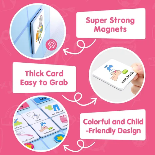 Miniatura 6 de Calendario visual para niños, 170 tarjetas visuales magnéticas y tablero magnético de tres pliegues, tabla de rutina diaria para autismo, TDAH