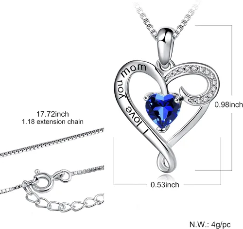 Miniatura 2 de Regalo de cumpleaños para mamá, collar con dije de corazón de plata esterlina 925 con texto en inglés "I Love You Mom