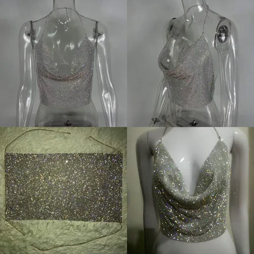 Miniatura 6 de Mujeres Sexy Brillante Rhinestone Crop Tops Cadena de Metal Halter Tank Top V Cuello Camisola para Festival Club Party Raves