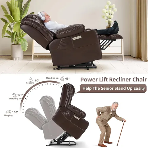 Miniatura 4 de Power Lift Sillón Reclinable de Cuero con Masaje y Calor, Silla Lazy Boy con Portavasos, Puertos USB y Tipo C, Control Remoto (Marrón)