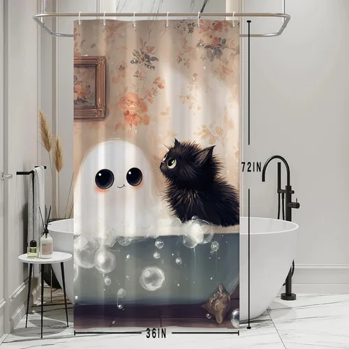 Miniatura 2 de Cortina de ducha de fantasma y gato negro para niños, 36 x 72 pulgadas, espeluznante y bonita, cortina de baño de Halloween con 6 ganchos, cortina