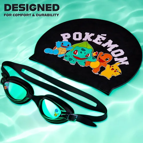 Miniatura 5 de Get Trend Gafas de natación y gorro de natación para niños y adolescentes, antivaho con protección UV Pokemon Negro