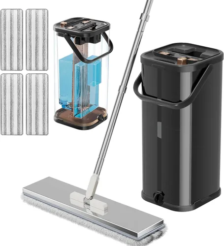 Separa el juego de trapeador y cubo de agua sucia para el hogar con 4 recambios adicionales, trapeador y cubo de acero inoxidable con escurridor