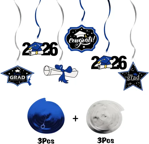 Miniatura 2 de LINGTEER Congrats Grad, Class of 2026 Swirls Streamers – 12 piezas para la escuela/hogar 2026 decoración de graduación espirales de graduación – Azul