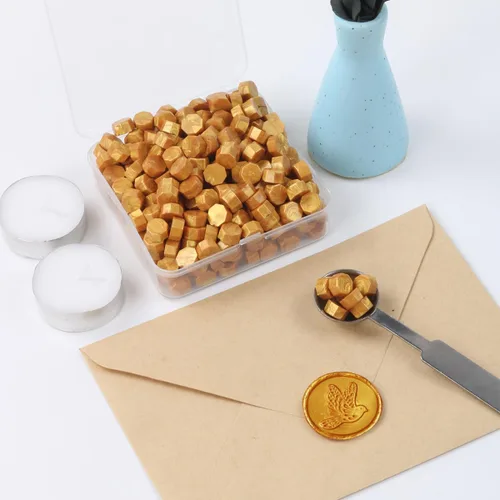 Miniatura 3 de Juego de 300 cuentas de cera de sellado dorado para sello de cera con velas y cuchara de fusión, perfecto para tarjetas de Navidad, sobres