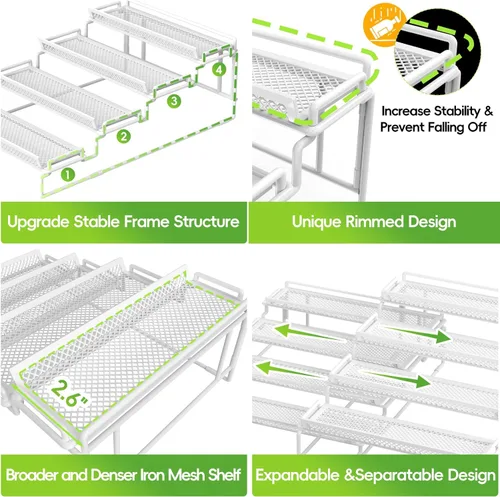 Miniatura 6 de Organizador de especias ajustable de 4 niveles para gabinete, color blanco (2 piezas S & L), estante de especias expandible con barandilla