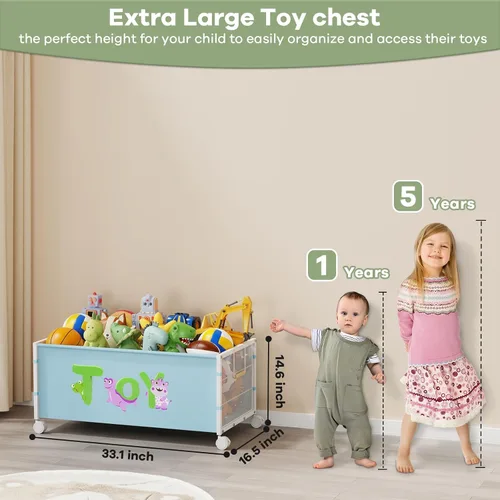 Miniatura 3 de Caja grande de juguetes para niños con ruedas, 120L Cajas de juguetes para niños extra grandes de metal y tela Oxford, cofre de juguetes organizador
