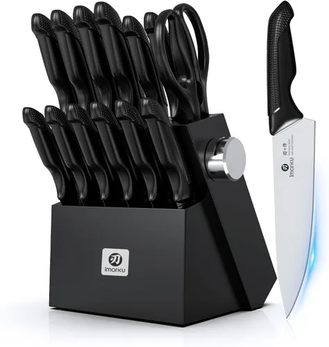 imarku Juego de cuchillos con bloque, juego de cuchillos afilados con afilador integrado, juegos de cuchillos de cocina de acero inoxidable con Negro