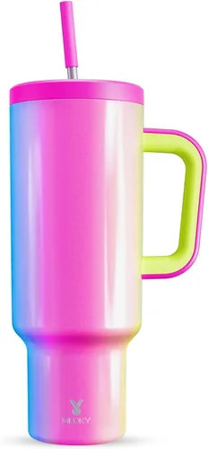 Miniatura 13 de Meoky - Vaso de 30 oz con asa, tapa y pajilla, taza de viaje térmica de acero inoxidable 100% a prueba de fugas, para portavasos, mantiene el frío