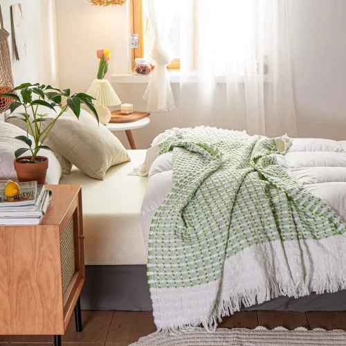 Miniatura 7 de Simple&Opulence Manta de 100 % algodón para cama, sofá, tejido jacquard de hilo teñido con borlas, suave, ligera, acogedora, transpirable, Verde