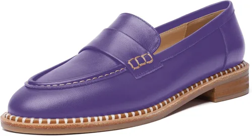 Miniatura 10 de FOGEENA Mocasines de cuero mate para mujer, estilo casual, sin cordones, punta redonda, tacón bajo grueso, zapatos de vestir de 1 pulgada