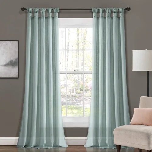 Miniatura 2 de Lush Decor Par de cortinas de ventana con solapas anudadas de yute, 45" x 84", azul