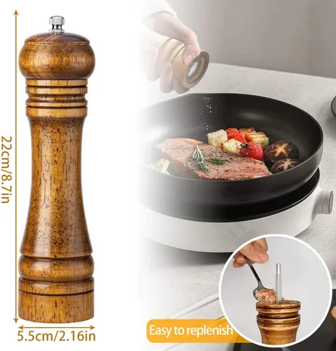Miniatura 2 de Juego de 2 molinillos de sal y pimienta de madera de 8 pulgadas, molinillo de sal ajustable de madera de roble, mecanismo de molienda de cerámica
