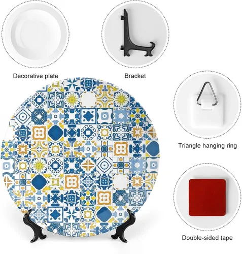 Miniatura 3 de XISUNYA Plato decorativo de 6 pulgadas, porcelana redonda amarilla y azul, mosaico arabesco, adorno decorativo para decoración de cenas, fiestas