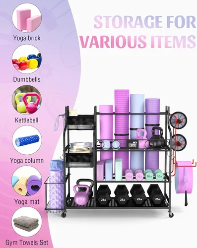 Miniatura 2 de Mythinglogic Soporte de pesas para mancuernas, almacenamiento de gimnasio en casa para esterilla de yoga, pesas rusas y equipo de entrenamiento