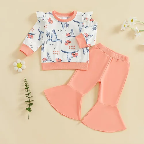 Miniatura 9 de Kaipiclos Ropa occidental para bebé niña, con lindo estampado con volantes, manga larga, pantalones para otoño e invierno, trajes de vaquera