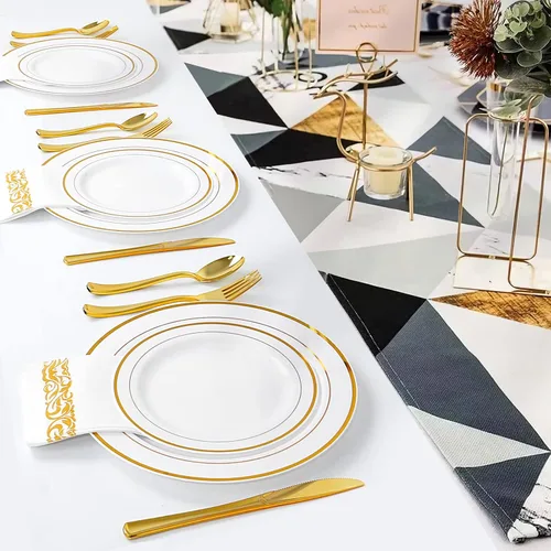 Miniatura 4 de MCIRCO - Platos de plástico dorados, 100 platos desechables de fiesta para bodas, platos de borde dorado de primera calidad, incluye 50 platos