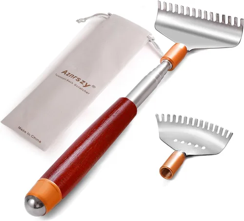 Rascador de espalda con cabezas desmontables, rascador de metal extensible para mujeres y hombres, garras más anchas/mango de madera/rodillo de Rojo